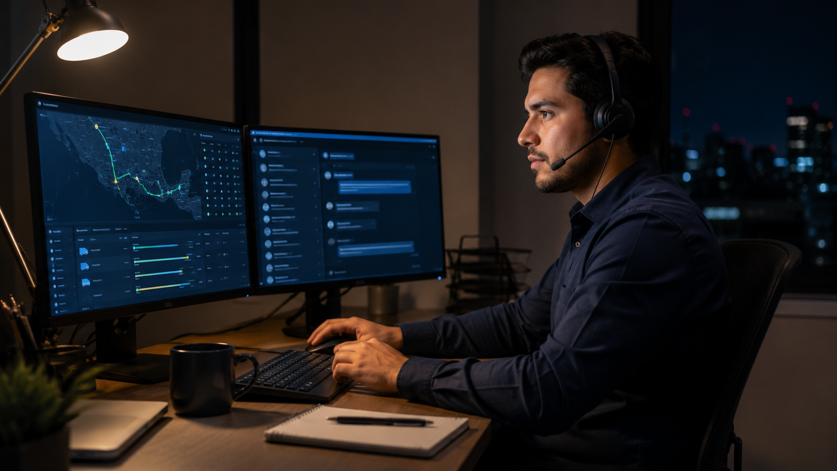 Remote night dispatcher from Latin America monitoring logistics operations at night